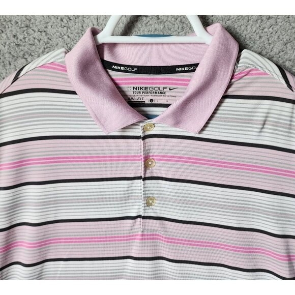 Nike Golf Tour Performance Pink & White Striped Dri-Fit Polo Shirt Size Large - Picture 2 of 15